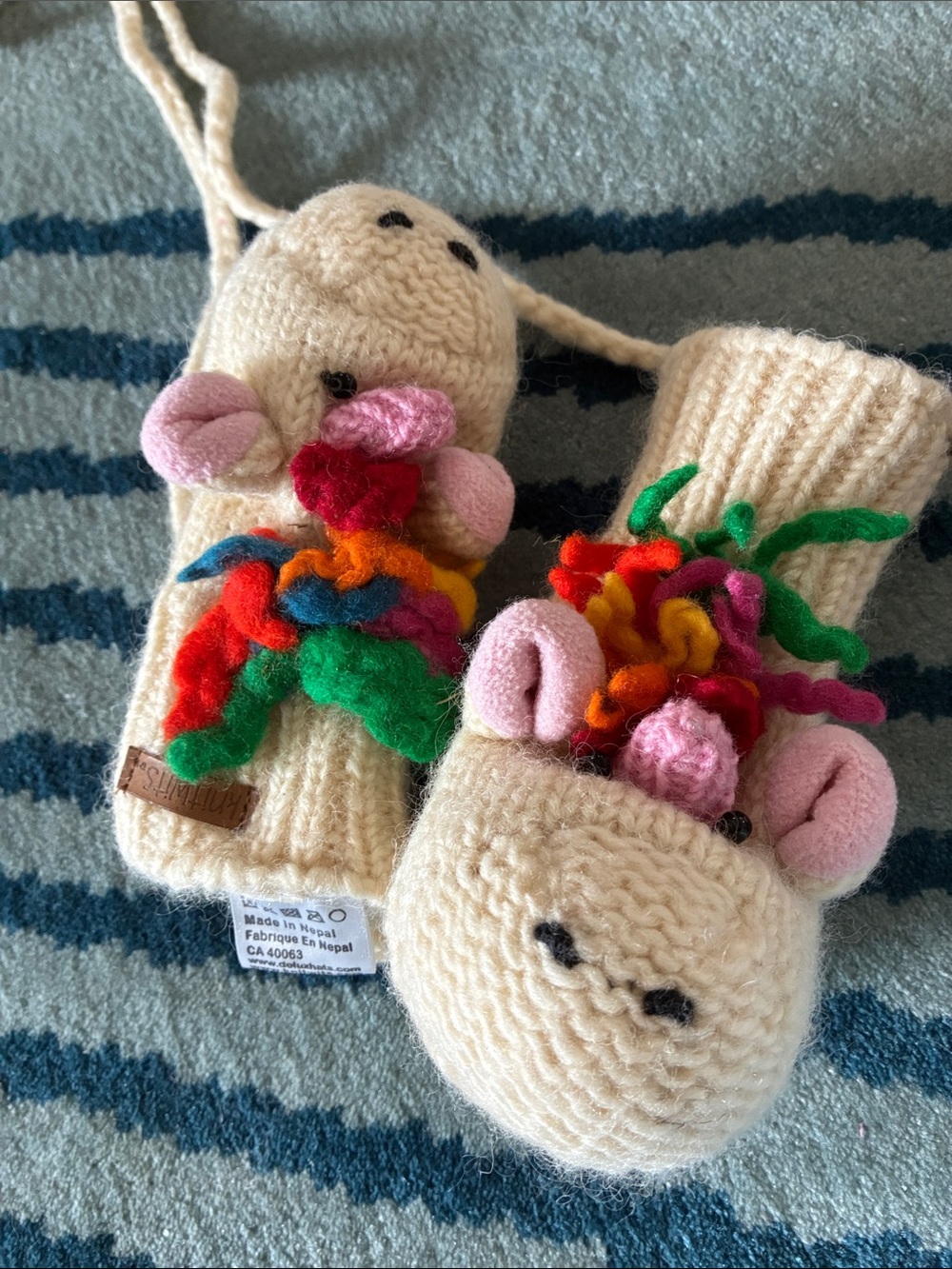 Cream Hand-Knit Kids Mittens with Colorful Pom Flower Accents